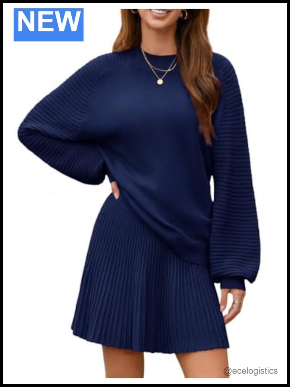 Womens 2 Piece Sweater Skirt Set Ribbed Knit Pleated Mini Skirt